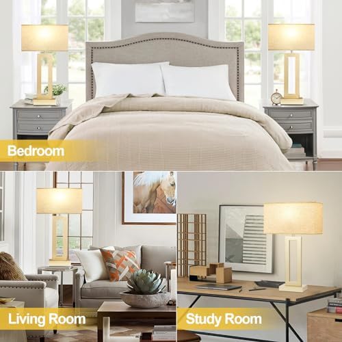 Seealle 22" Tall Bedroom Lamps for Living Room - Touch Gold Bedside Lamps with USB C+A, 3 Way Dimmable Lamp for Nightstand, Modern Night Stands Lamps for End Tables(Beige&Gold)
