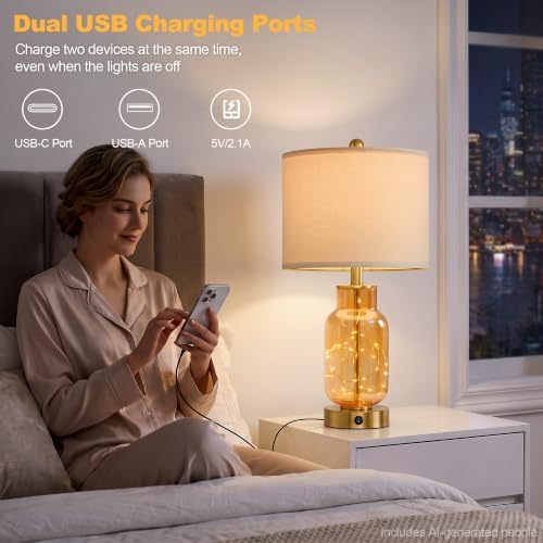 Oneach 22" Glass Table Lamps Set of 2 with Night Light for Bedroom, Amber