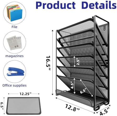 Simple Trending Wall File Organizer, Mesh 7-Tier Vertical Hanging File Holder, Desktop Metal Files Rack for Office and Home, Black