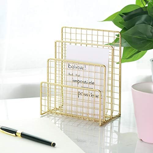 3 Slots Letter Holder, Metal Multifunctional File Holder for Mails, Books, Brochures and Postcards, Desktop Office Organizer Decoration, 5.6” x 3.7” x 7.0”, Gold