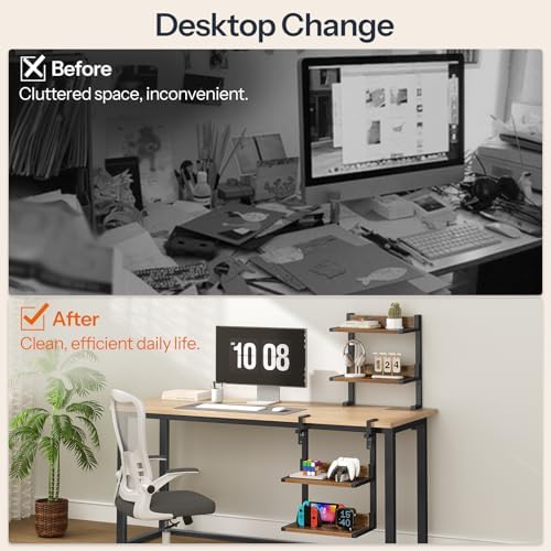 HOOBRO Clamp On Desk Shelf, 2-Tier Desktop Organizer, Space-Saving Desk Shelf with Adjustable Shelves, for Office, Study, Entertainment Accessories, Rustic Brown and Black BF32SJ01