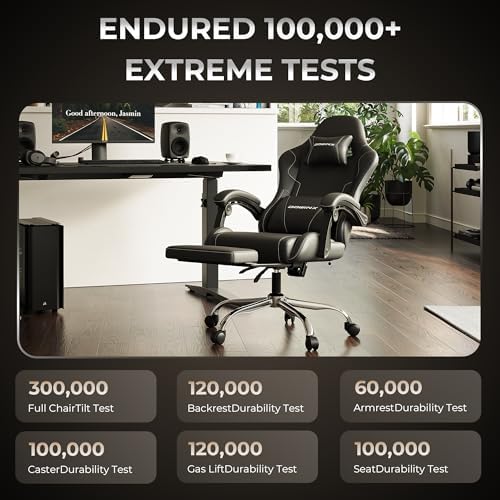 Dowinx Gaming Chair with Footrest, 330lbs Computer Chair 2D Lift Linkage Armrest, Massage Lumbar, Height Adjustable Ergonomic Comfy Video Game Chairs for Home Office Streaming, Long Gaming, Black