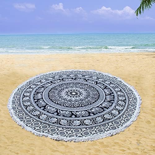 Round Beach Tapestry Turquoise Mandala Throw/Boho Hippie Beach Blanket Roundie/Indian Cotton Bohemian Large Round Table Cloth-Home Decor/Yoga Mat Meditation Picnic Rug (42", Black And WHite)
