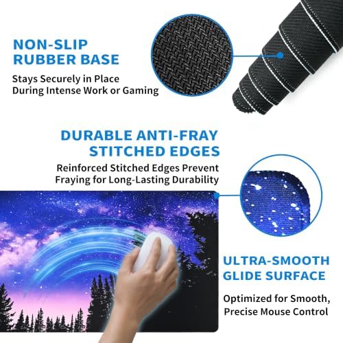 Extended Galaxy Desk Mat, XXL Large Gaming Mouse Pad, Purple Starry Sky Forest Stitched Edges Waterproof with Non-Slip Rubber Base for Computer Keyboard Laptop Work Home Office 35.4"x15.7"