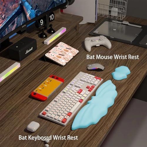 Halloween Bat Keyboard Wrist Rest Set, Ergonomic PU Leather Wrist Support for Keyboard & Mouse, Soft Memory Foam Wrist Pad with Non-Slip Base for Office, Gaming, Laptop & Compute(Blue)
