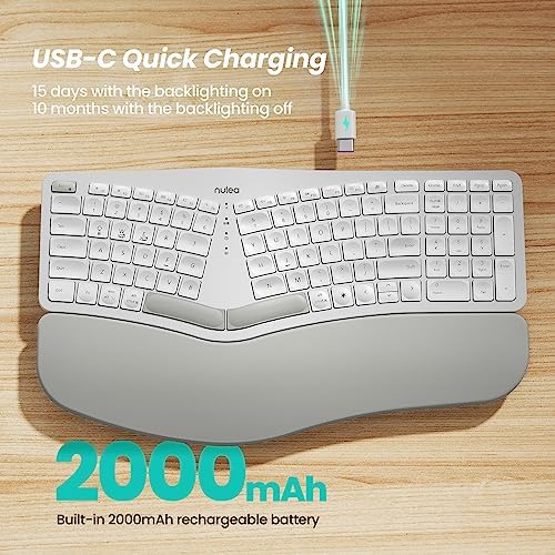 Nulea RT05 Wireless Ergonomic Keyboard, Split Keyboard with Wrist Rest, USB-C Charging, 7-Color Backlight, Natural Typing, Bluetooth and USB Connectivity, Compatible with Windows,Mac