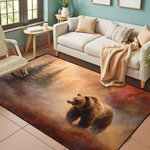 Serene Bear Among Pine Trees Ethereal Misty Landscape Area Rug Outdoor Patio Rug Play Mat Modern Floor Carpet Non-Slip Home Decor Living Room Kids Bedroom Nursery, 3x5 ft