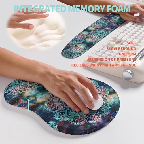 2-in-1 Ergonomic Set, Wave Rise Keyboard Wrist Rest and Massage Bulge Slope Mouse Pad Wrist Support, Cushion Memory Foam Integrated to Relieve Wrist Pain, Galaxy Mandala