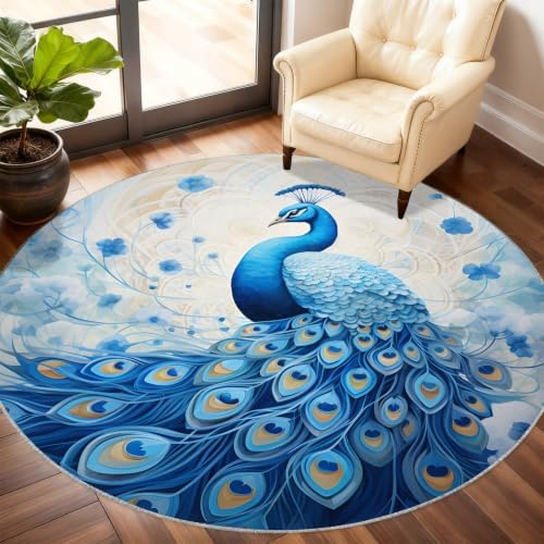 Peacock Round Area Rug - 5ft Peacock Round Rug for Living Room, Abstract Animal Circle Rugs Washable Soft Non-Slip Carpet for Bathroom Bedside Sofa Coffee Table Decor Mat