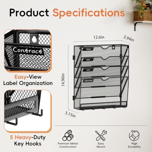 Wall File Holder Hanging Wall File Organizer, Wall Mount Mail Holder and Paper Organizer with Bottom Shelf & 5 Hooks for Office Home School (5-Tier)