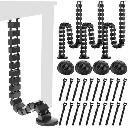 Yaomiao 4 Pack Under Desk Vertebrae Cable Management Kit Standing Desk 48'' Adjustable Quad Entry Flexible Cord Organizer with Ties, Stick-on Clips Cable Management Set for Home User Office Worker