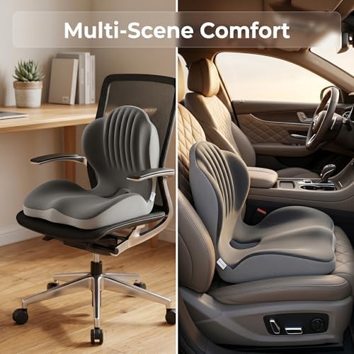 Memory Foam Seat Cushion with Lumbar Support, Ergonomic L-Shaped Car & Office Chair Cushion for Long Sitting, Orthopedic Coccyx Pillow for Sciatica & Back Pain Relief for Truck Drivers, Gaming & Home