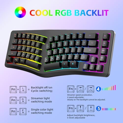 HXMJ-Wired Ergonomic Gaming Keyboard,Mechanical Feel,Detachable USB Cable,69 Keys,RGB Backlit-Black