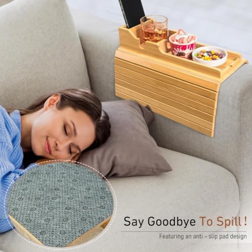 Yoshiky 2 Pack Bamboo Couch Armrest Table, Couch Arm Tray with Removable Couch Cup Holder, 2 in 1 Design Foldable Anti-Slip Bamboo Couch Tray and Sofa Cup Holder for Drink