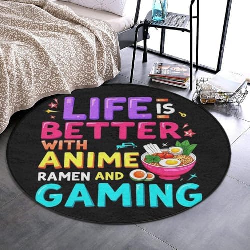 Women's Large Home Decor Mat, Soft Round Yoga Carpet, Non Slip Machine Washable Home Office Circle Rug Life is Better with Anime Ramen Gaming