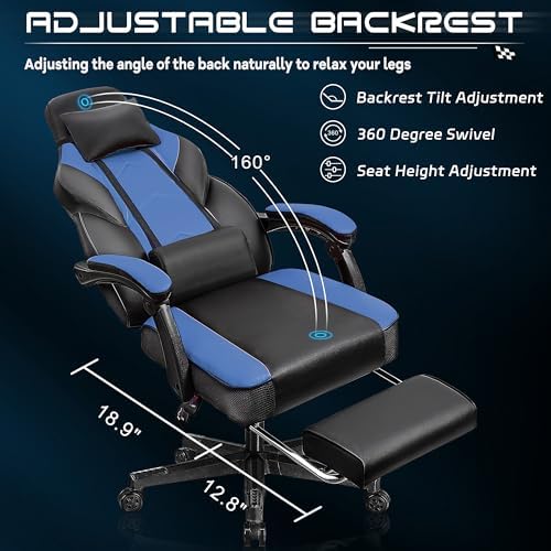 Gaming Chair for Adults, Video Game Chair with Footrest, Big and Tall Gaming Chair Heavy Duty Computer Chair with Massage Lumbar, Ergonomic Adjustable Height and 360° Swivel Seat, PU Leather, Blue