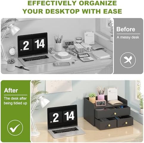 Bamboo Desk Organizer - Stackable, No Assembly Required, Ideal for Office/Home Use - Perfect for Toiletries, Stationery, Accessories. (Black, Fence three Desk Organizer)