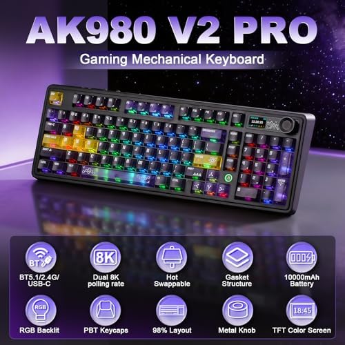 AJAZZ AK980 Pro Dual 8K Wireless Gaming Keyboard(Purple,Lychee Switch)