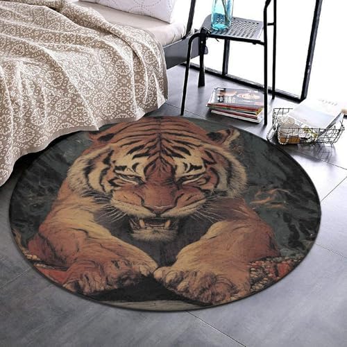 Room Sofa Yoga Soft Round Carpet, Home Decor Non Slip Kitchen Office Circle Rug, Machine Washable Modern Round Area Rug Animal King Cool Tiger Art, 36inch