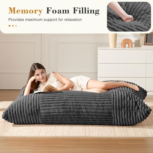 3-in-1 Giant Bean Bag Chair for Adults & Kids, Convertible Floor Sofa to Mattress, Memory Foam Beanbag Chair with Washable Cover, Multi Functional Lounge Couch for Bedroom, Living Room (Dark Grey)