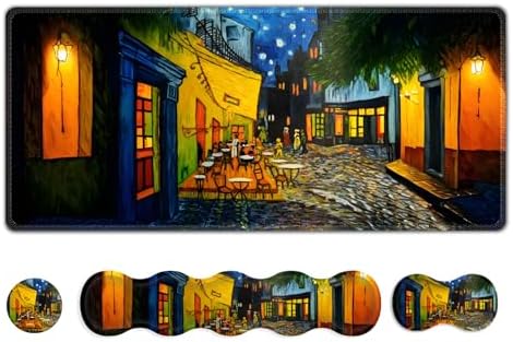 Desk Mat Gaming Mouse Pad, Cute Desk Matt Keyboard Wrist Rest for Desktop, Anti-Slip Mousepad w/Stitched Edges, XXL Large Mouse Pad with Wrist Support for Desk Computer I Terrace of the Cafe