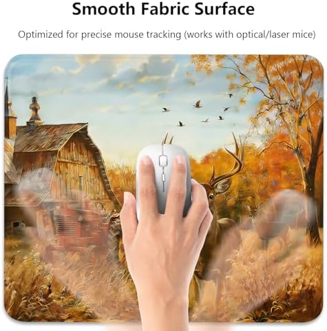 Deer Hunting Season Autumn Mouse Pad, Rustic Farm with Red Tractor Desk Mat