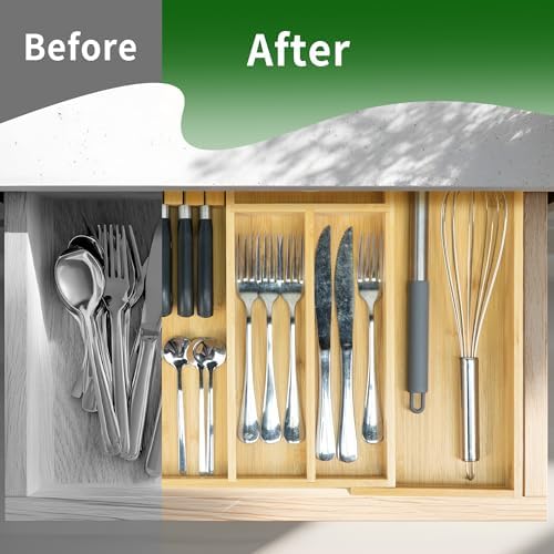 VaeFae Bamboo Silverware Drawer Organizer, 6 Slots, Natural