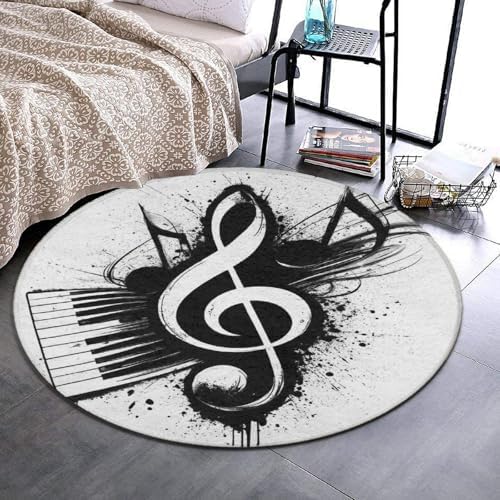 Men's Large Home Decor Mat, Soft Round Yoga Carpet, Non Slip Machine Washable Home Office Circle Rug Abstract Music Note Piano