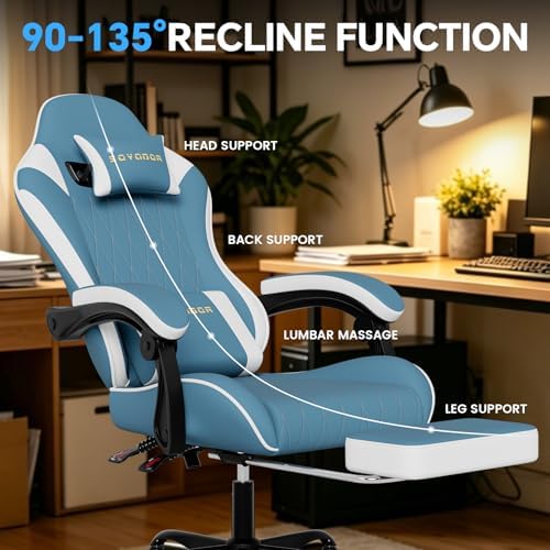 Breathable Fabric Gaming Chair with Footrest, Ergonomic High Back Computer Chair with Gold Diamond Stitching, Height Adjustable Swivel Office Chair with Lumbar Support for Adults,Bluewhite