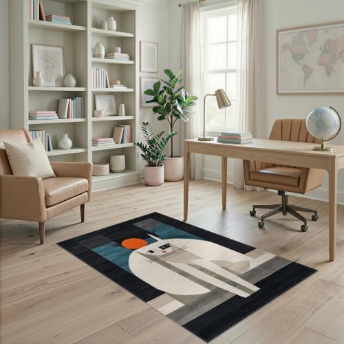 4'x6' Black White Cat Artistic Feline Design Washable Area Rug