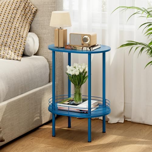 Blue Oval Nightstand Set of 2, Small Modern Round Side Table with Storage