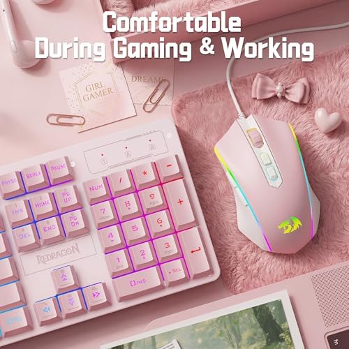 Redragon Updated S107WP Gaming Keyboard and Mouse, RGB Gaming Keyboard and 10000 DPI Mouse Combo with 25-Key Anti-Ghosting, 1K Hz Programmable Mice with Software, Plug & Play to PC, Laptop - Pink