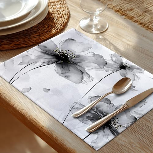 Shrahala Flowers Petals Set of 8 12 X 18 Inch Linen Placemats, Beautiful Black White Flowers Burlap Table Mat Washable Double Layered Heat Insulation for Indoor/Outdoor