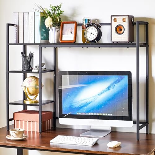 IBUYKE Desk Shelf,Computer Desktop Bookcase,37.8 Inch Multipurpose Wood Desk Hutch Bookshelf for Computer,4 Tier Desk Organizer for Office Home Dormitory,Black TMZ005B