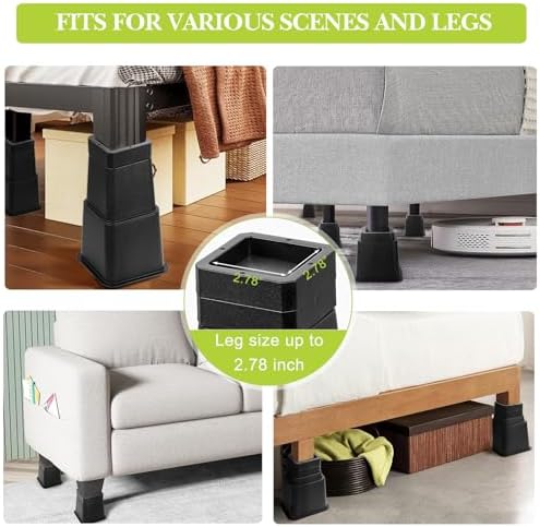 28 PCS Bed Risers 12 Inch Heavy Duty, Adjustable Furniture Risers up to 12 Inch Lift 12 Heights Options 1, 2, 3, 4, 5, 6, 7, 8, 9, 10, 11, 12 Inch for Couch, Sofa, Table Bed Frame Legs Dorm, Black