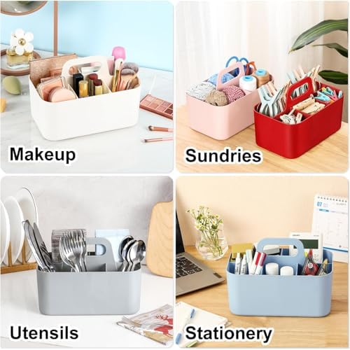 Multiuse Caddy Organizer with Handle, Portable Divided Plastic Tote Bin - Art Craft, Stationary Pen Marker Crayons, Makeup Hair Supplies Storage - Bathroom, Classroom, Dorm, Office, Desk Holder - Red