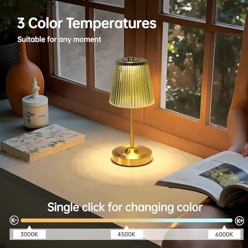 Shenmoyl Cordless Touch Table Lamp with 5200mAh Battery - 3 Adjustable Color Temperatures & Dimmable, Rechargeable Desk Lamp for Bedroom, Living Room, Office, Entryway, Bookshelves (Green Stripe)
