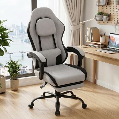 Video Gaming Chair, Ergonomic Office Chair with Footrest, Lumbar Support and Linkage Armrests, Swive Home Video Game Chairs for Adults, Gray