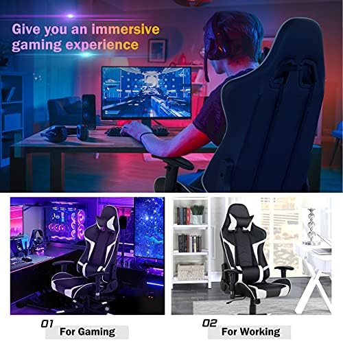 GYMAX Gaming Chair, Massage Gaming Chairs for Adults with Headrest, Lumbar Support & Armrest, Video Computer Reclining Gaming Chair, Office Desk Gamer Task Chair (White)