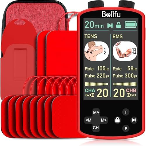 TENS EMS Unit Muscle Stimulator for Pain Relief Therapy - 4 in 1 TENS EMS Relax Custom Frequency+Pulse - Muscle Massager 36 Modes 20 Intensity, Memory & Favorites Function, 3.8" Color Display - Red