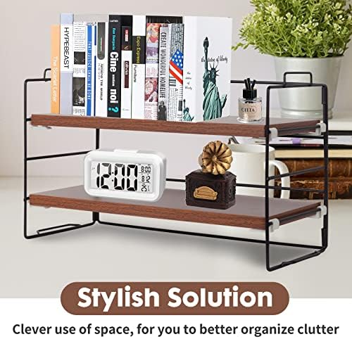 ShellKingdom Desk Shelf Organizer, 2 Tier Desktop Shelves, Adjustable Bookshelf Storage Rack and Office Cubicle Decor for Tabletop, School, Office, Dorm Organization (Black Frame + Wood Board)