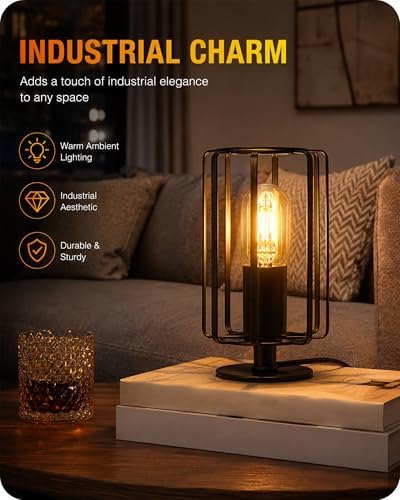 Industrial Table Lamp Set of 2, Small Bedside Lamp with Dimmable 2400K Warm Light LED Bulb, Vintage Desk Lamp, Rustic Nightstand Lamp for Bedroom, Study, Office, Small Space, Black B05TLP205