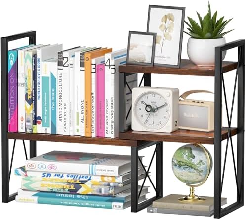 Expandable Desktop Shelf Organizer, 2 Tier Wood Desk Shelf for Office, Metal Corner Bookshelf, Countertop Storage Rack (Brown)