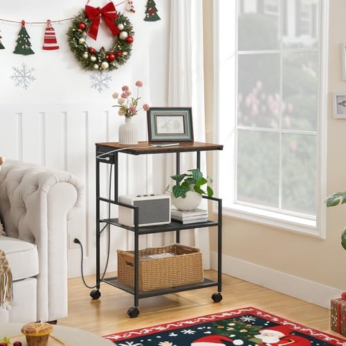 MAHANCRIS Mobile Printer Stand, 3-Tier Industrial Printer Cart with Power Outlets and 2 USB Ports, Rolling Printer Table on Wheels for Home Offices Kitchen Organization Rack, Rustic Brown PTHR78E01