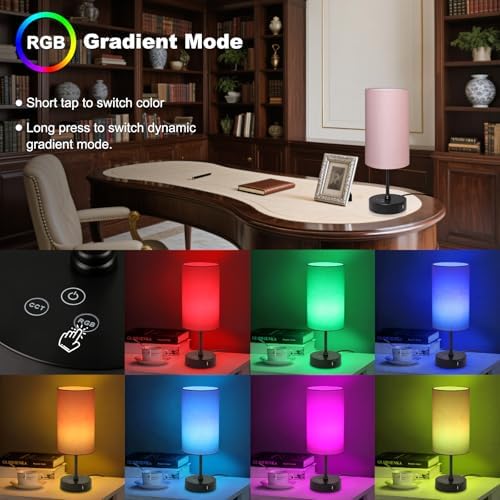 Unicozin Table Lamp for Bedroom, 3 Color Temperatures, 7 RGB Colors, Adjustable Brightness, Dual USB Charging Ports, Ambience Nightstand Light with Pink Shade, Desk Lamp for Kids Reading Home Office