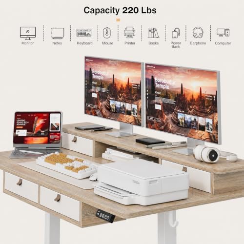 Grandder Electric Standing Desk with Four Drawers, Sit to Stand Up Height Adjustable Desk with Storage Shelf for Home Office, 55 * 28 Inch, Study, Ergonomic Adjustable Computer Desk, Maple
