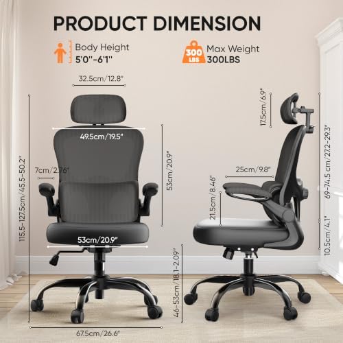 VUSIGN Ergonomic Office Chair, High Back Mesh Desk Chair with Adjustable 3D Headrest & Lumbar Support, Flip-Up Arms, 300lbs Wide Seat Swivel Rolling Computer Gaming Chair, for Home Office - Black