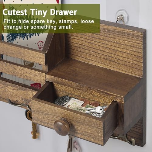 Key Holder Wall Mount, Wooden Key and Mail Organizer, Brown