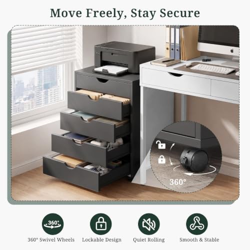 5 Drawer Mobile File Cabinet, Vertical Rolling Filing Cabinet