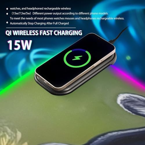 15W Wireless Charging Mouse Pad for Desk Cat Stretching RGB Gaming Mouse Pad Mat with 14 Light Modes & Non-Slip Rubber Base Smooth Surface for Gaming PC Laptop